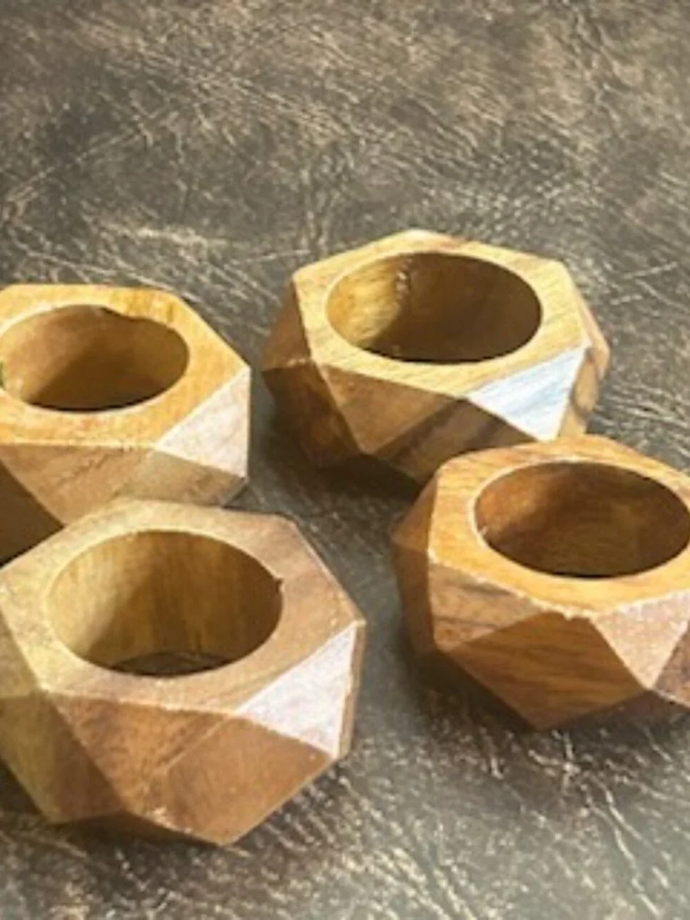 Set of 4 Vintage MCM Geometric Design Faceted Wooden Napkin Rings